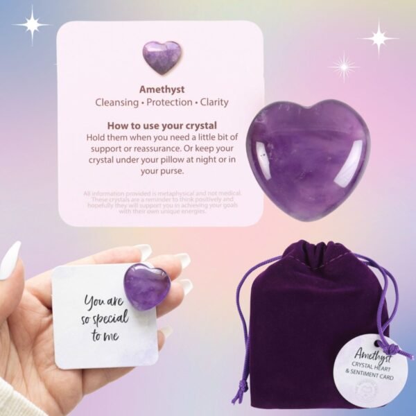 Amethyst Crystal Heart – Gift Set Amethyst crystal heart in purple velvet gift bag with special message card