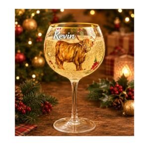 Personalised Festive Highland Coo Gin Glass Personalised Festive Highland Coo Gin Glass