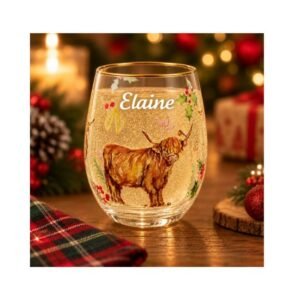 Personalised Festive Highland Coo Stemless Glass Personalised Festive Highland Coo Stemless Glass