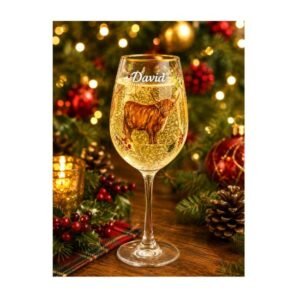 Personalised Festive Highland Coo Wine Glass Personalised Festive Highland Coo Wine Glass