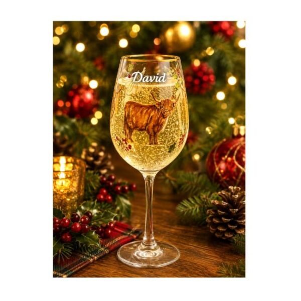 Personalised Festive Highland Coo Wine Glass