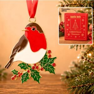 Robin on Holly Christmas Decoration with Personalised Box