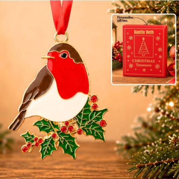 Robin on Holly Christmas Decoration with Personalised Box
