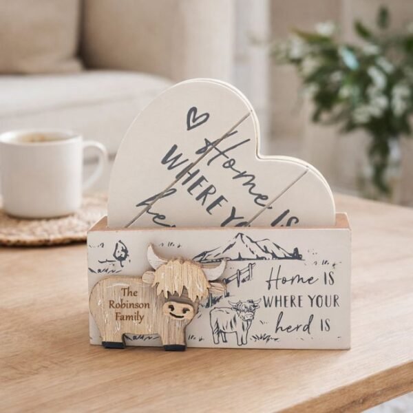 Personalised Highland Cow Heart Coaster Set