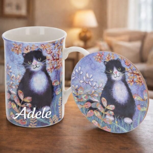 Personalised Penny Gaj Black Cat Mug & Coaster Set