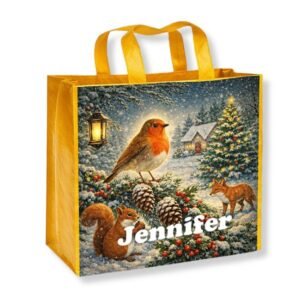 Personalised Woodland Robin Christmas Shopping Bag