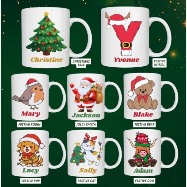 Personalised Christmas ceramic mugs with festive designs