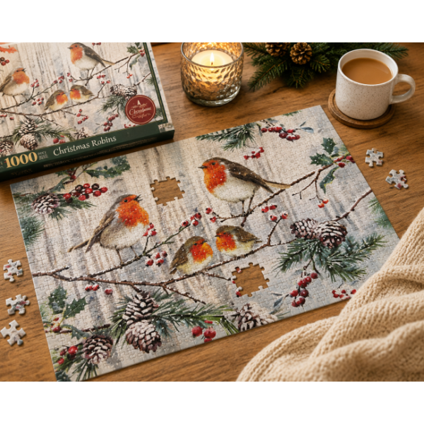 1000-Piece Christmas Jigsaw Puzzle – Robins 1000-piece Christmas jigsaw puzzle with robin design