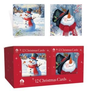 Pack of 12 Christmas cards with Snowman and Robin designs