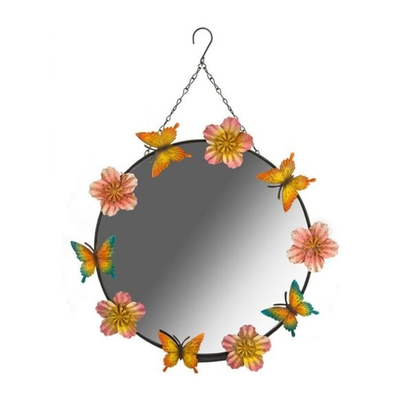 Ornate Round Garden Mirror with Butterfly