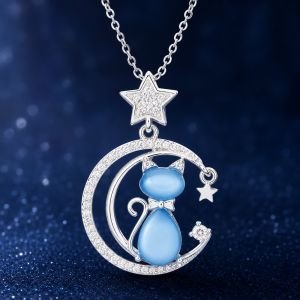 Furry Companions Cat on Moon Necklace