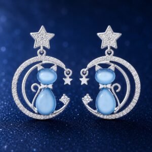 Furry Companions Cat on Moon Earrings