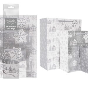 Christmas Gift Bags – Silver Houses, 3 Pack