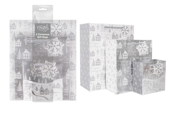Christmas Gift Bags – Silver Houses, 3 Pack