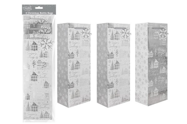 Christmas Bottle Bags – Silver Houses, 3 Pack Christmas Bottle Bags – Silver Houses, 3 Pack