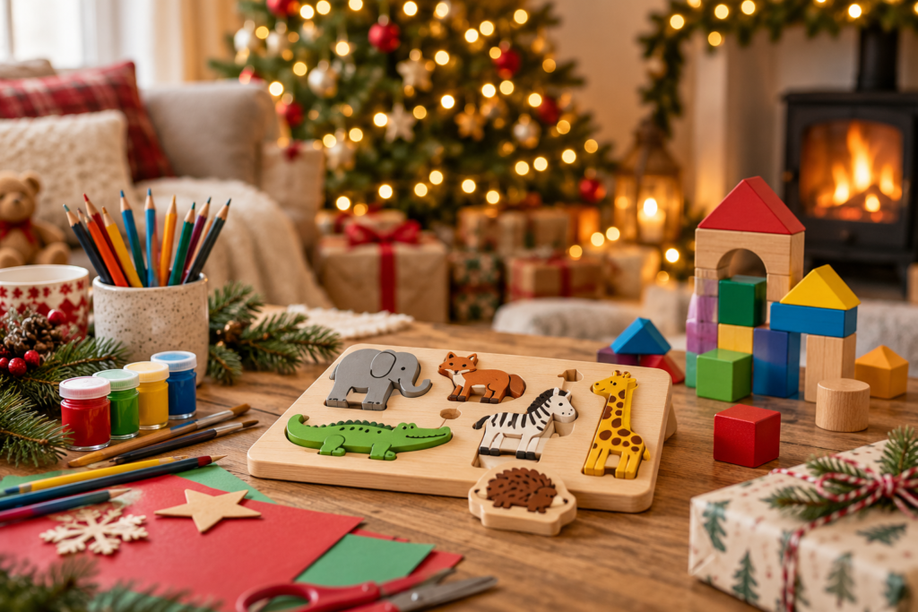 Creative Christmas gifts for children including craft supplies, colourful puzzle and building set