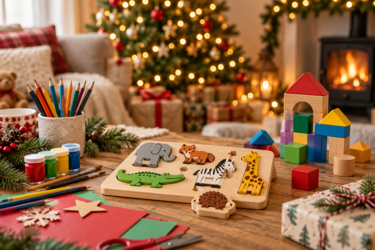 Creative Christmas gifts for children including craft supplies, colourful puzzle and building set