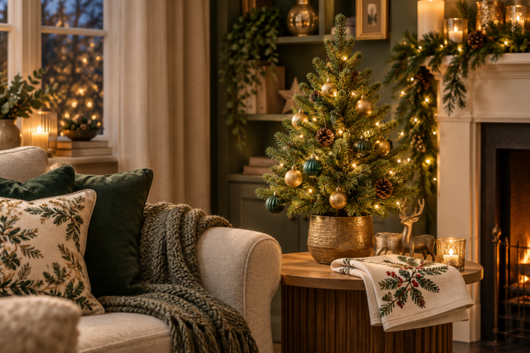 Christmas home gift ideas with a tabletop tree, warm lights and seasonal kitchen textiles