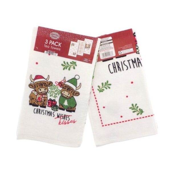 Three Highland Cow Christmas Kisses tea towels