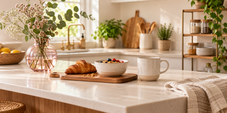 Housewarming gift ideas with breakfast board, mug set, glass vase and home storage accessory