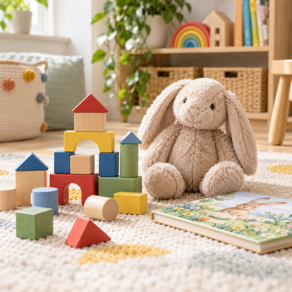 Colourful wooden toys and a soft plush bunny for kids and family