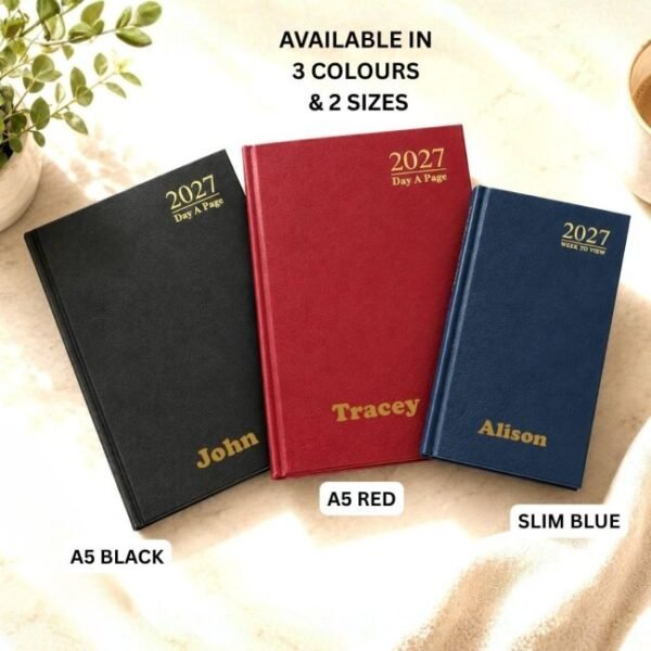 Personalised 2027 A5 Diary – Black Personalised 2027 A5 day-per-page diary in black