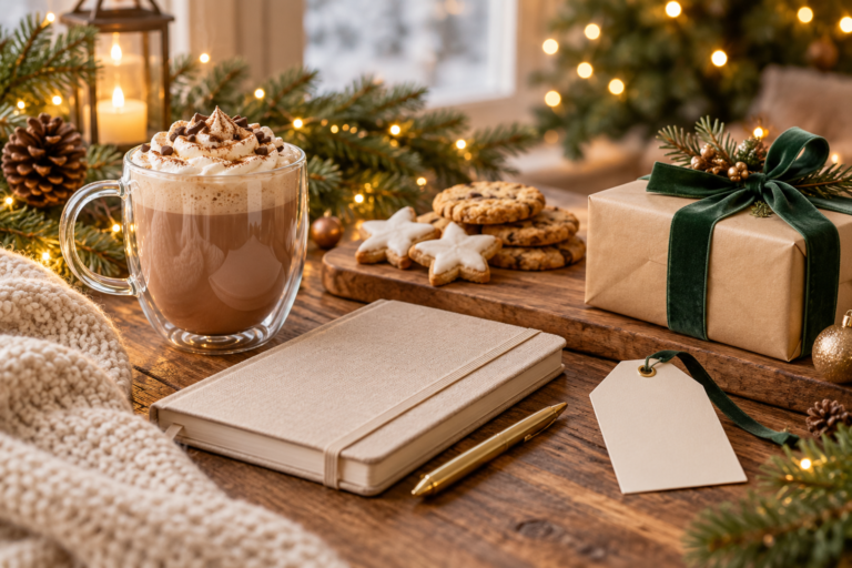 Thoughtfully arranged personalised Christmas gift ideas with mug, diary, serving board and wrapped present