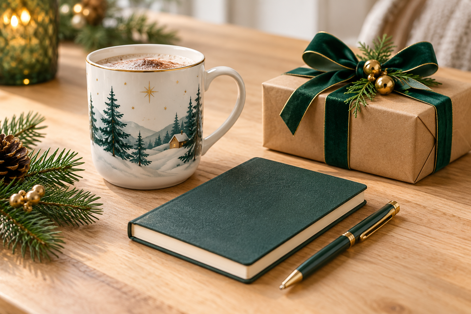 Affordable personalised Christmas mug and diary styled as festive gift ideas