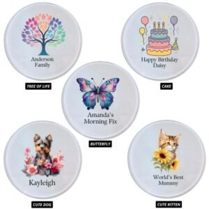 Frosted glass round coaster with sample printed designs