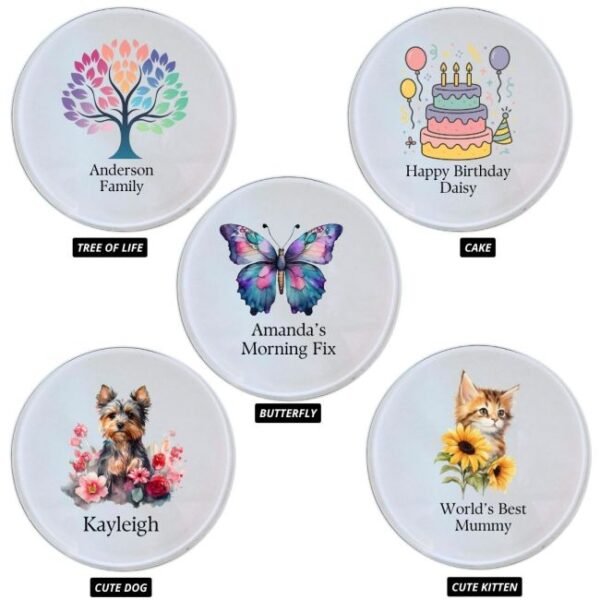 Frosted glass round coaster with sample printed designs