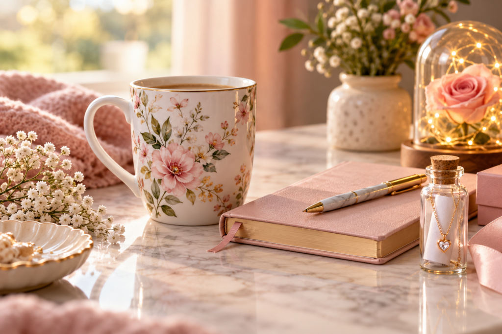 Personalised gift ideas for her featuring a flower mug, diary, necklace keepsake and rose dome light