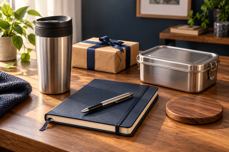 Practical personalised gifts for him including travel mug, diary and wooden coaster