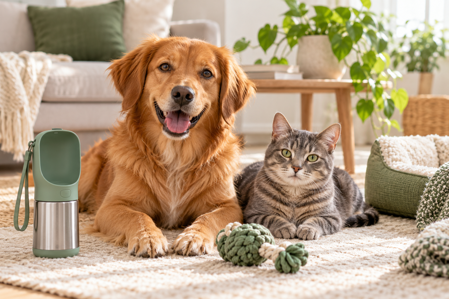 Dog and cat together beside thoughtful pet gift accessories