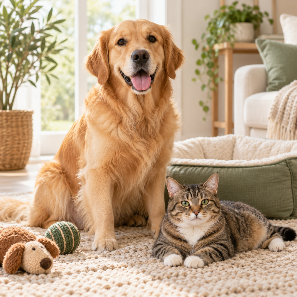 Pets at home: a friendly dog and cat