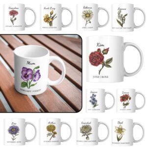 Ceramic birth month flower mug with printed floral design