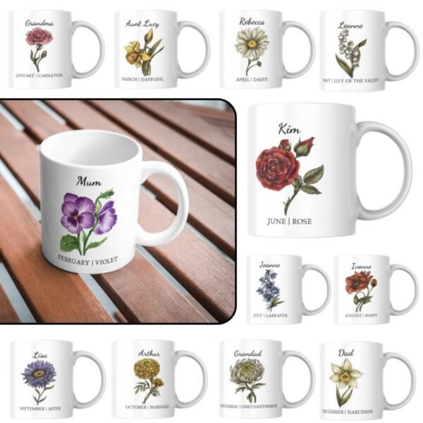 Printed Birth Month Flower Mug Ceramic birth month flower mug with printed floral design