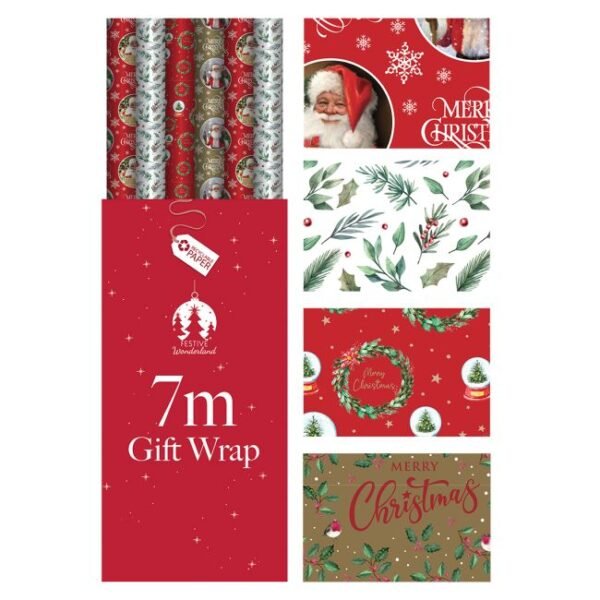 Four traditional Christmas wrapping paper rolls, 7m each